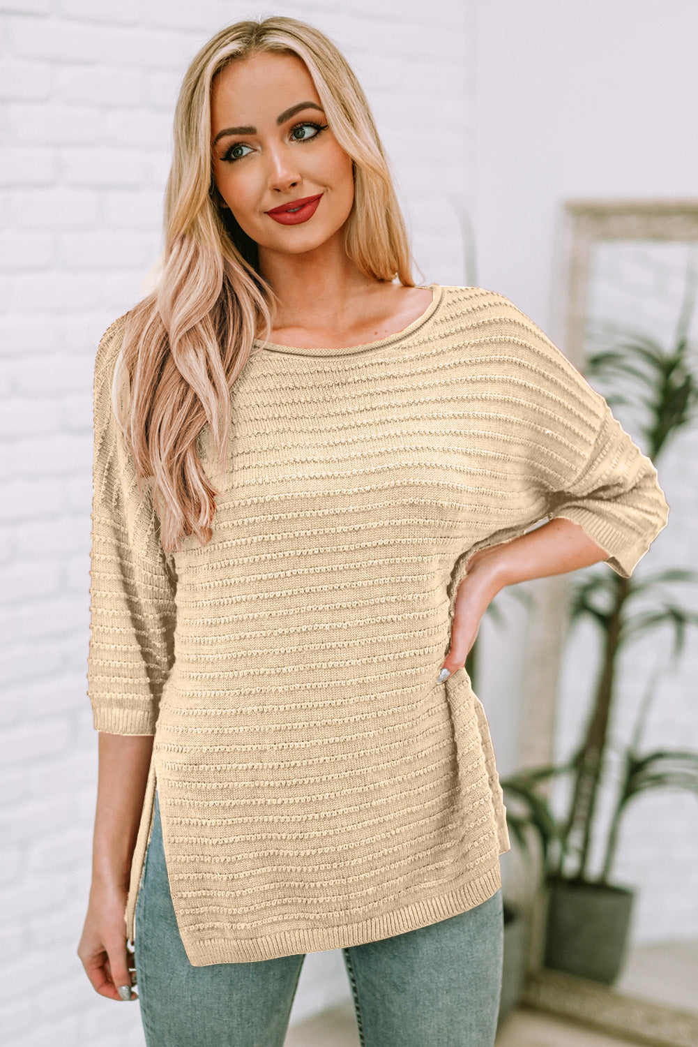 Women’s Round Neck Dropped Shoulder Side Slit Pullover Sweater