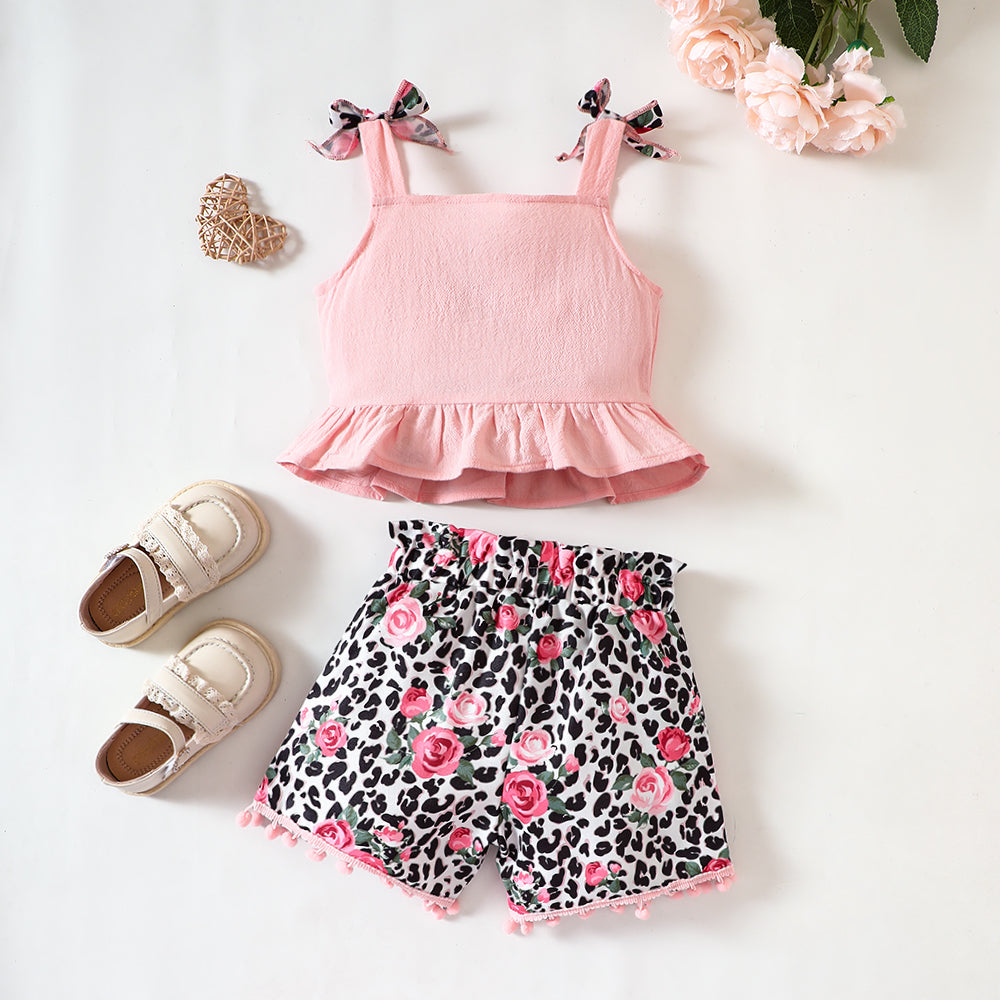 Children’s Girls Decorative Button Ruffled Tank and Leopard Floral Shorts Set