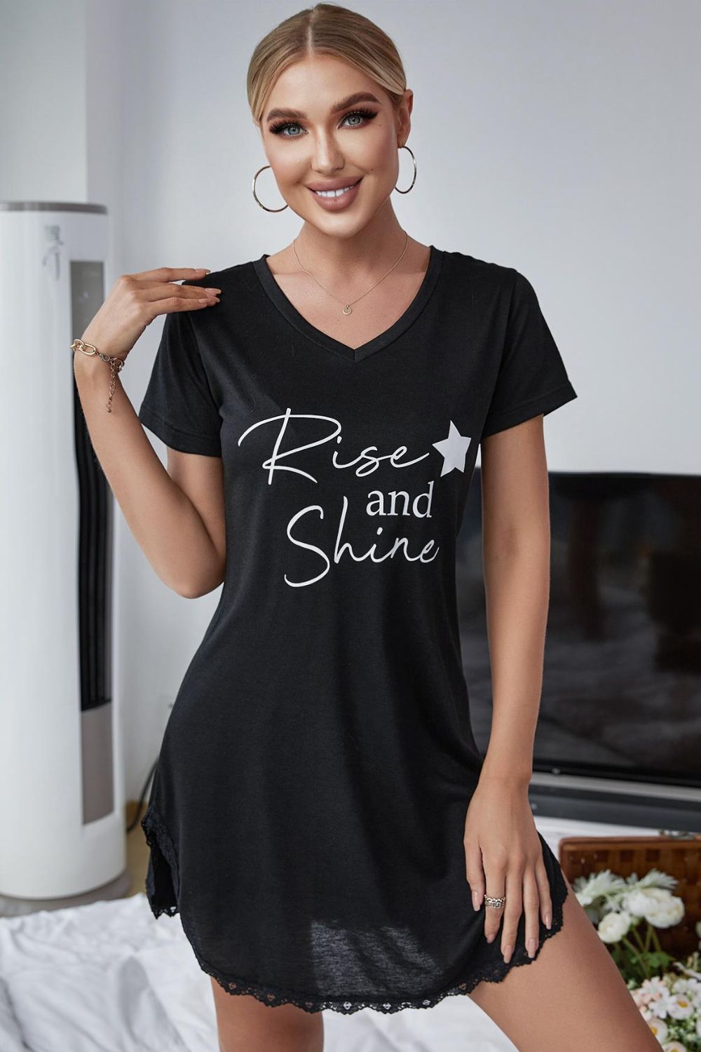 Women’s RISE AND SHINE Contrast Lace V-Neck T-Shirt Night Dress