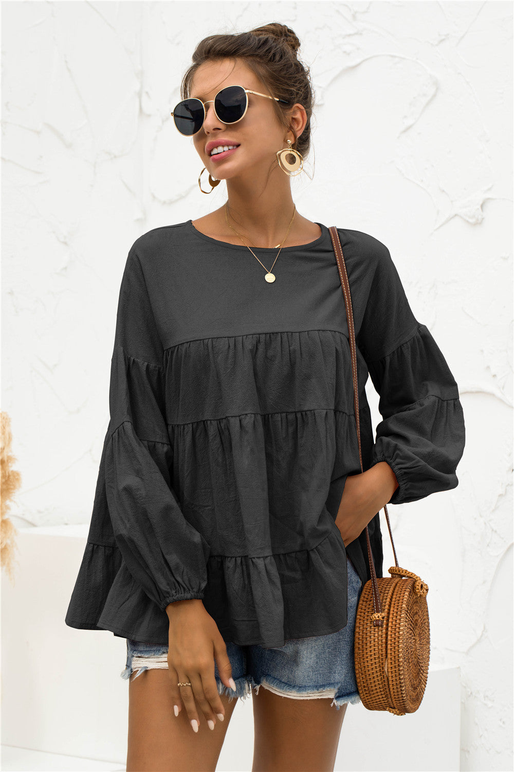 Women’s Round Neck Bubble Sleeve Tiered Blouse