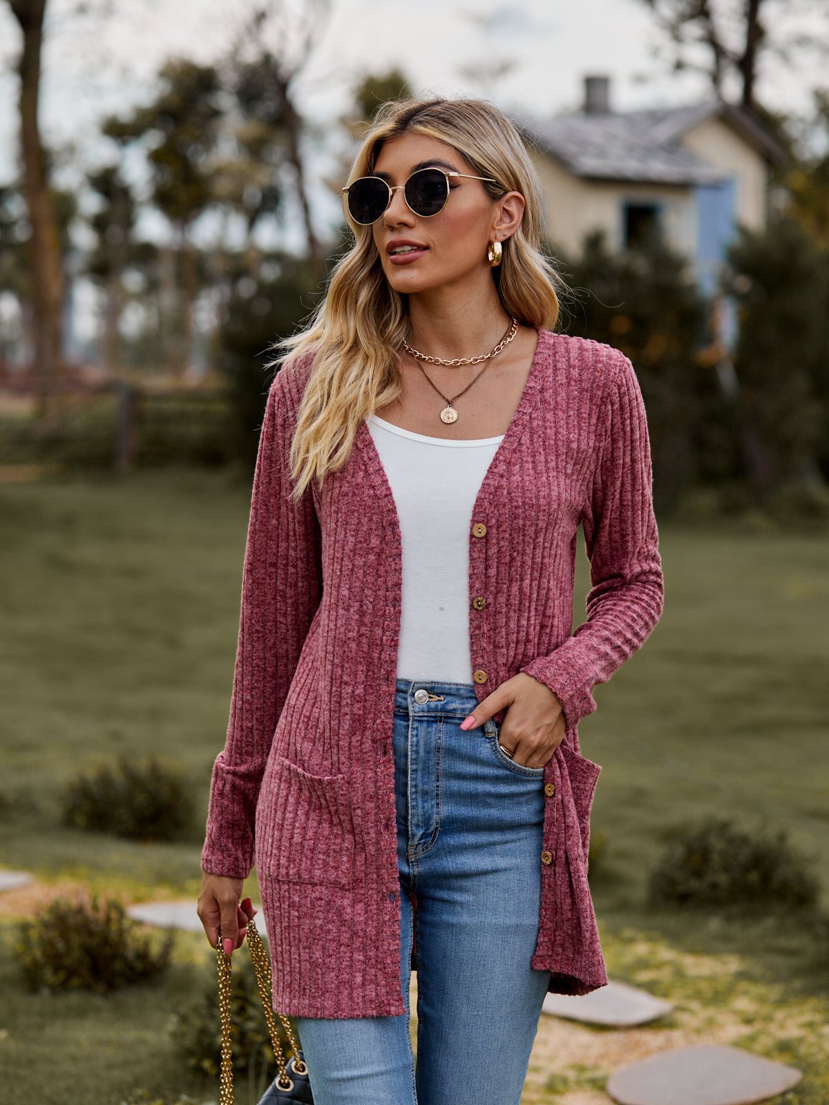 Women’s Ribbed Button-UP Cardigan with Pockets