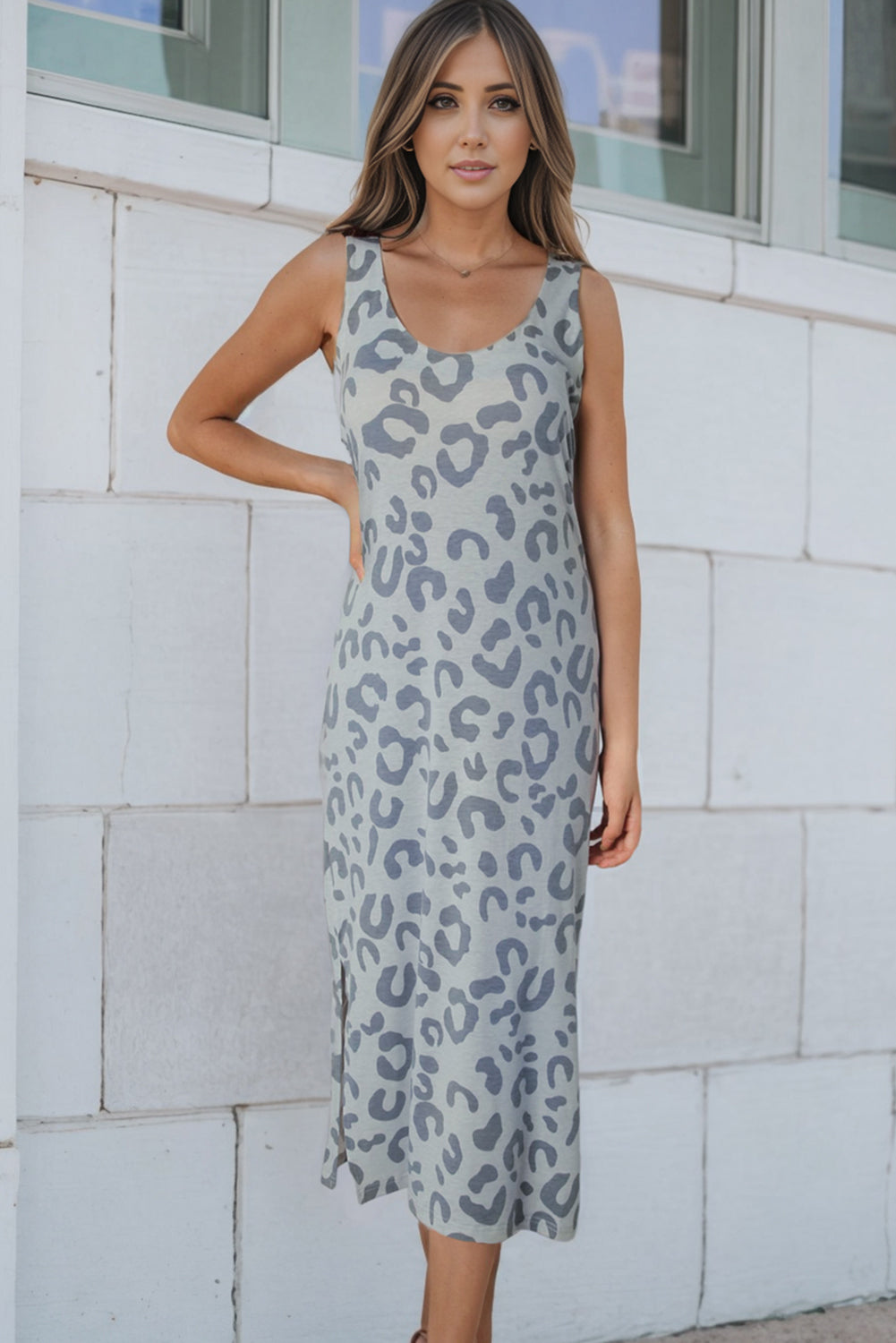 Women’s Leopard Sleeveless Slit Midi Dress