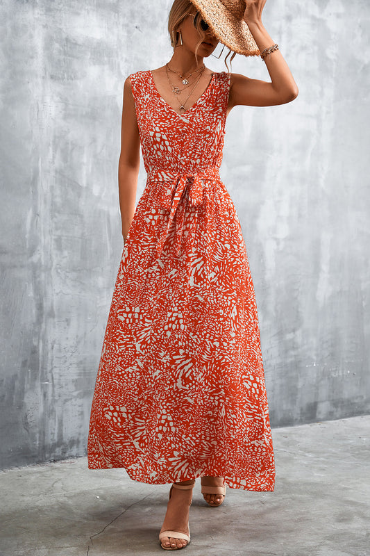 Women’s Printed V-Neck Tie Waist Maxi Dress