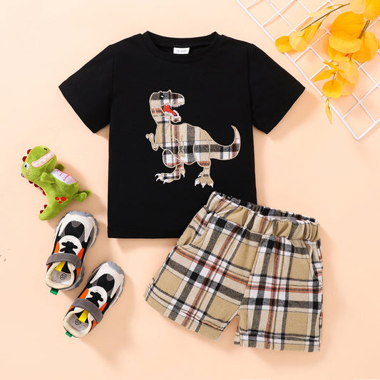 Children’s Boys Dinosaur Graphic Tee and Plaid Shorts Set