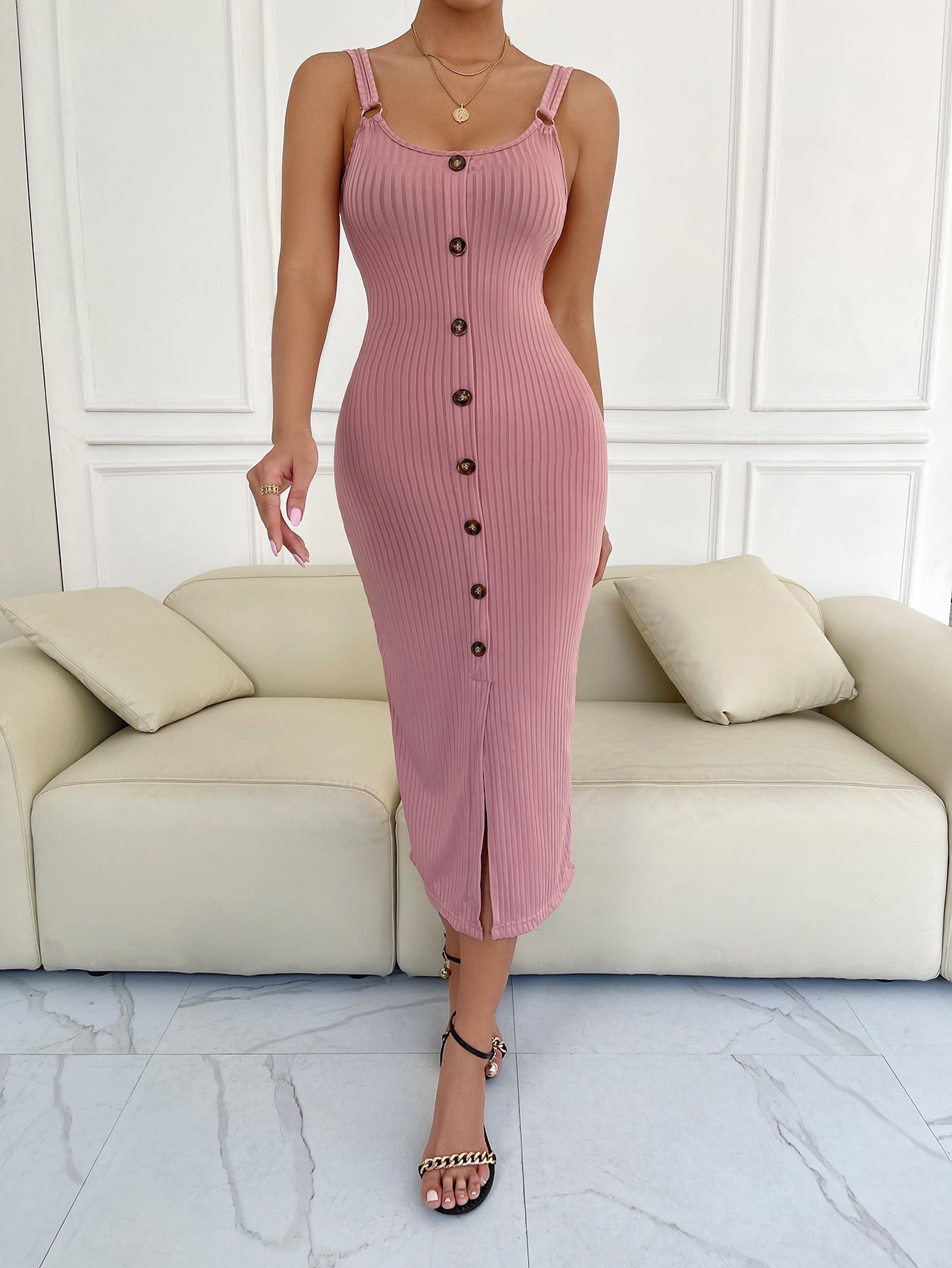 Women’s Decorative Button Slit Scoop Neck Sleeveless Dress