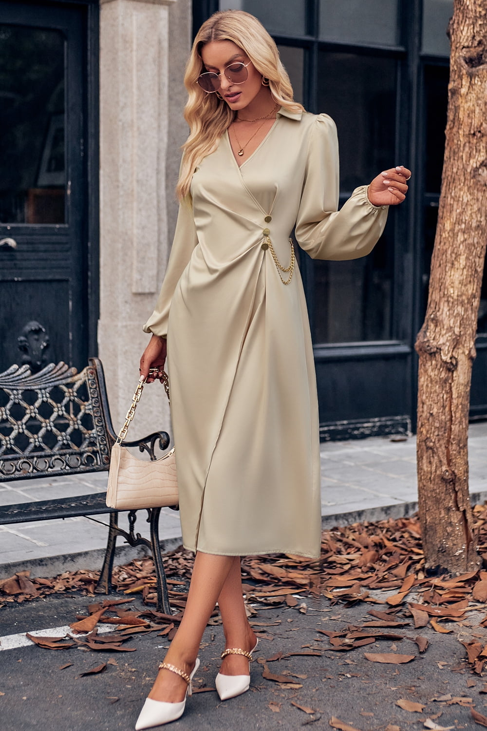 Women’s Surplice Neck Puff Sleeve Midi Dress