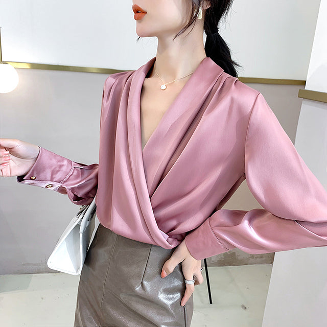 Women’s V-Neck Chiffon Satin Pullover Style Long Sleeve Blouse