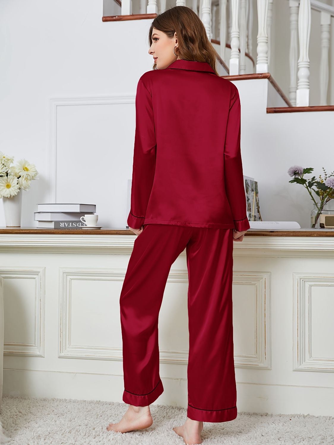 Women’s Lapel Collar Long Sleeve Top and Pants Pajama Set
