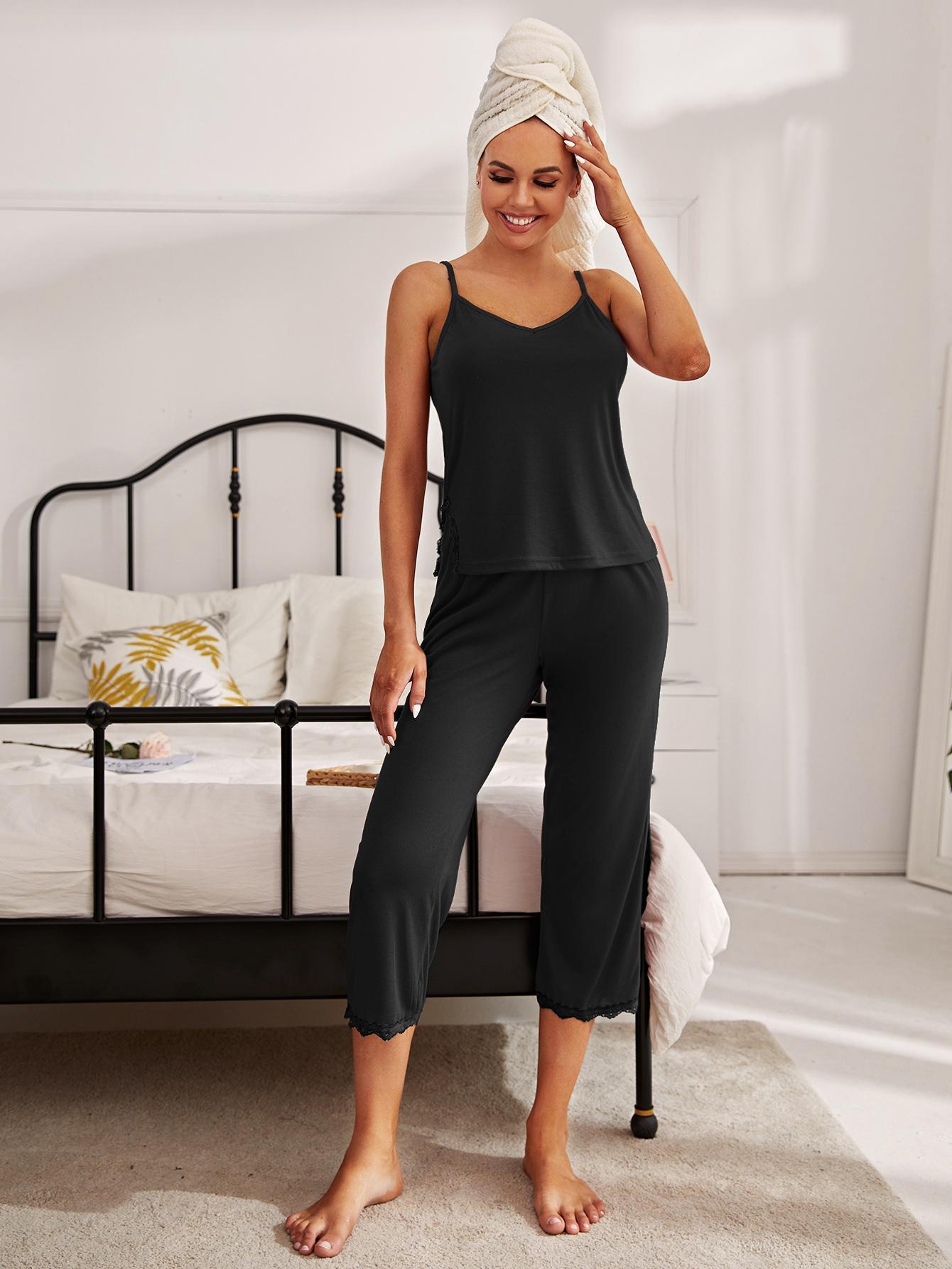 Women’s V-Neck Lace Trim Slit Cami and Pants Pajama Set