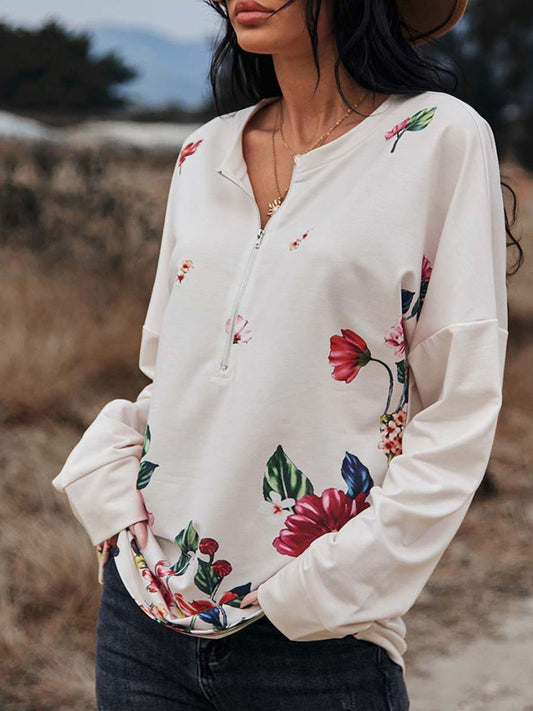 Women’s Floral Print Drop Shoulder Front Zipper Blouse