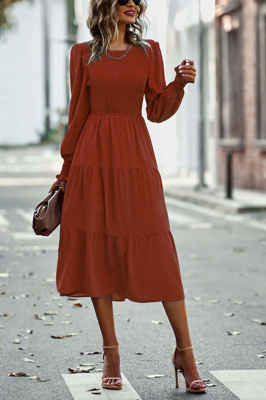 Women’s Smocked Long Puff Sleeve Tiered Midi Dress