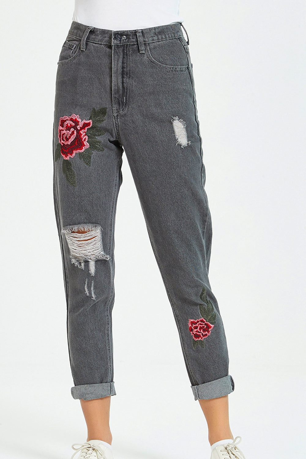 Women’s Flower Embroidery Distressed Jeans