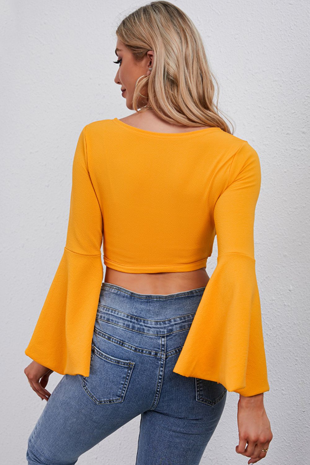 Women’s Tie Front Flare Sleeve Cropped Top