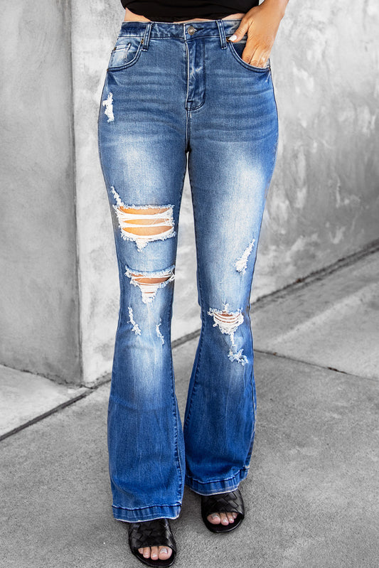 Women’s Distressed Flare Leg Jeans with Pockets