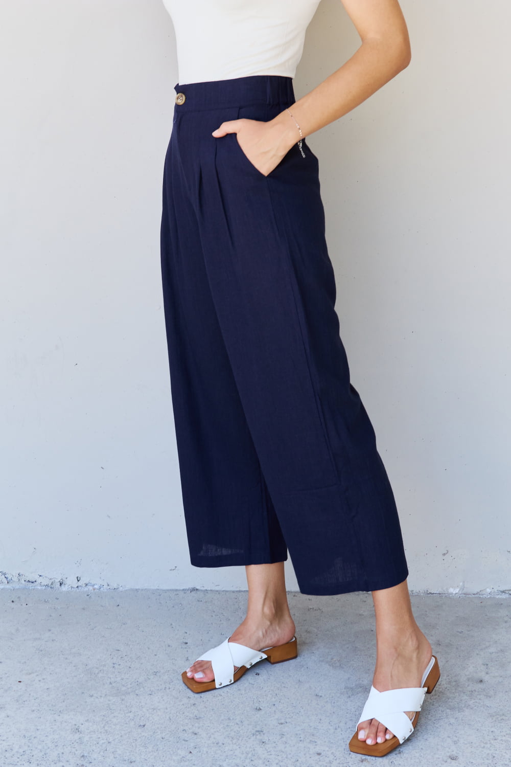 Women’s And The Why In The Mix Full Size Pleated Detail Linen Pants in Dark Navy