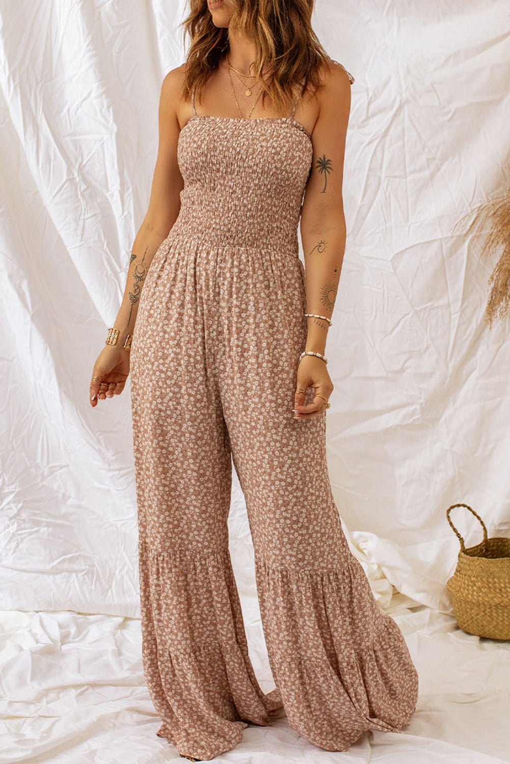 Women’s Floral Spaghetti Strap Smocked Wide Leg Jumpsuit