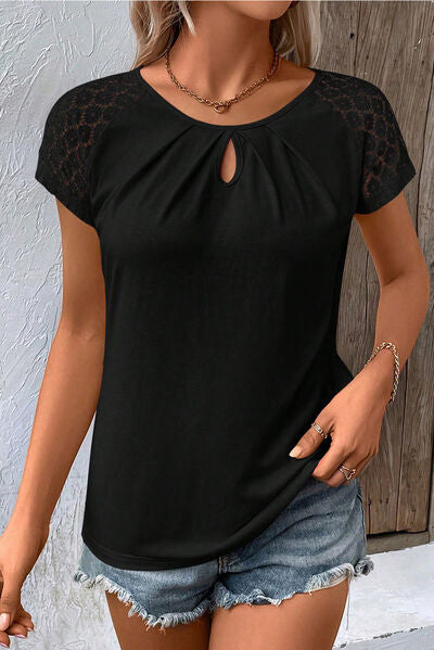 Women’s Cutout Round Neck Lace Short Sleeve T-Shirt
