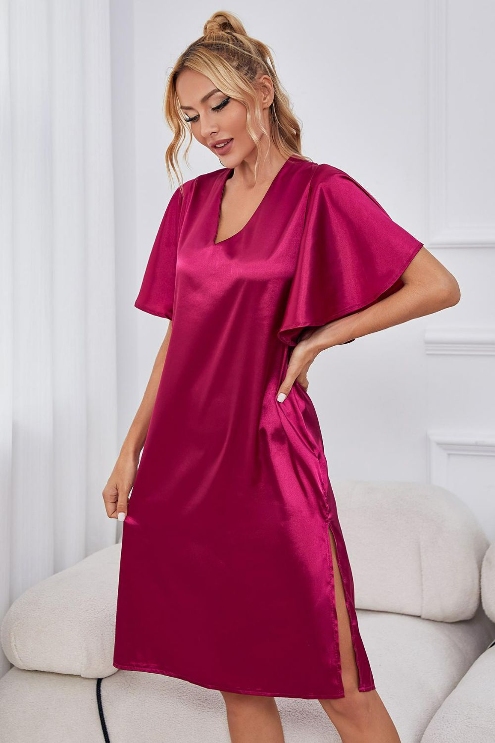 Women’s Satin Flutter Sleeve Side Slit V-Neck Night Dress