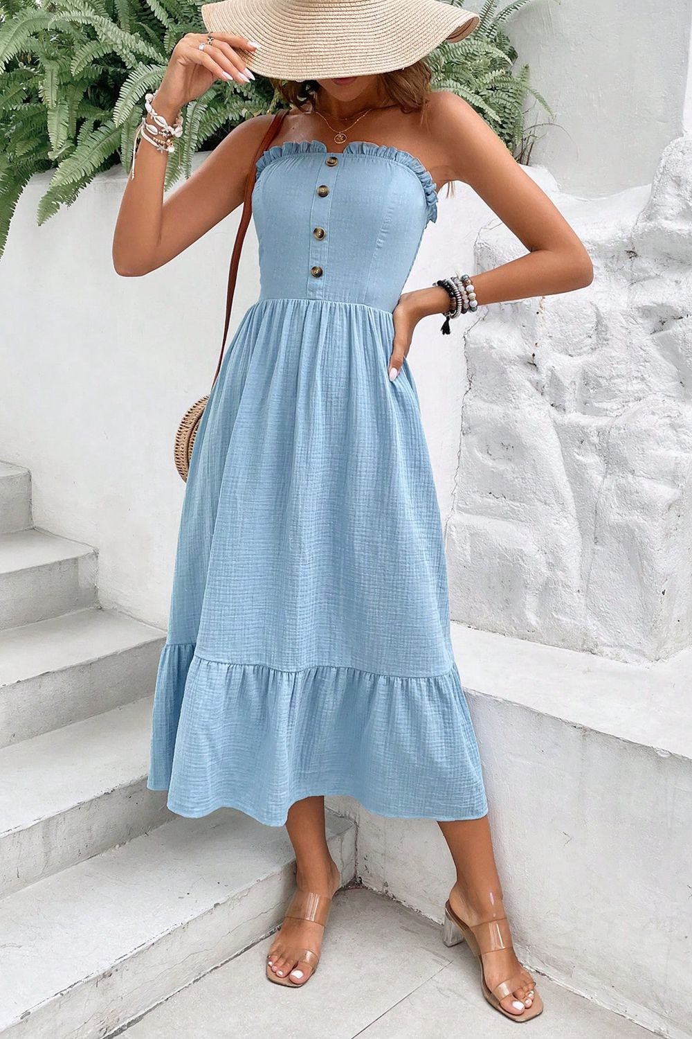 Women’s Sweetheart Neck Buttoned Sleeveless Midi Dress