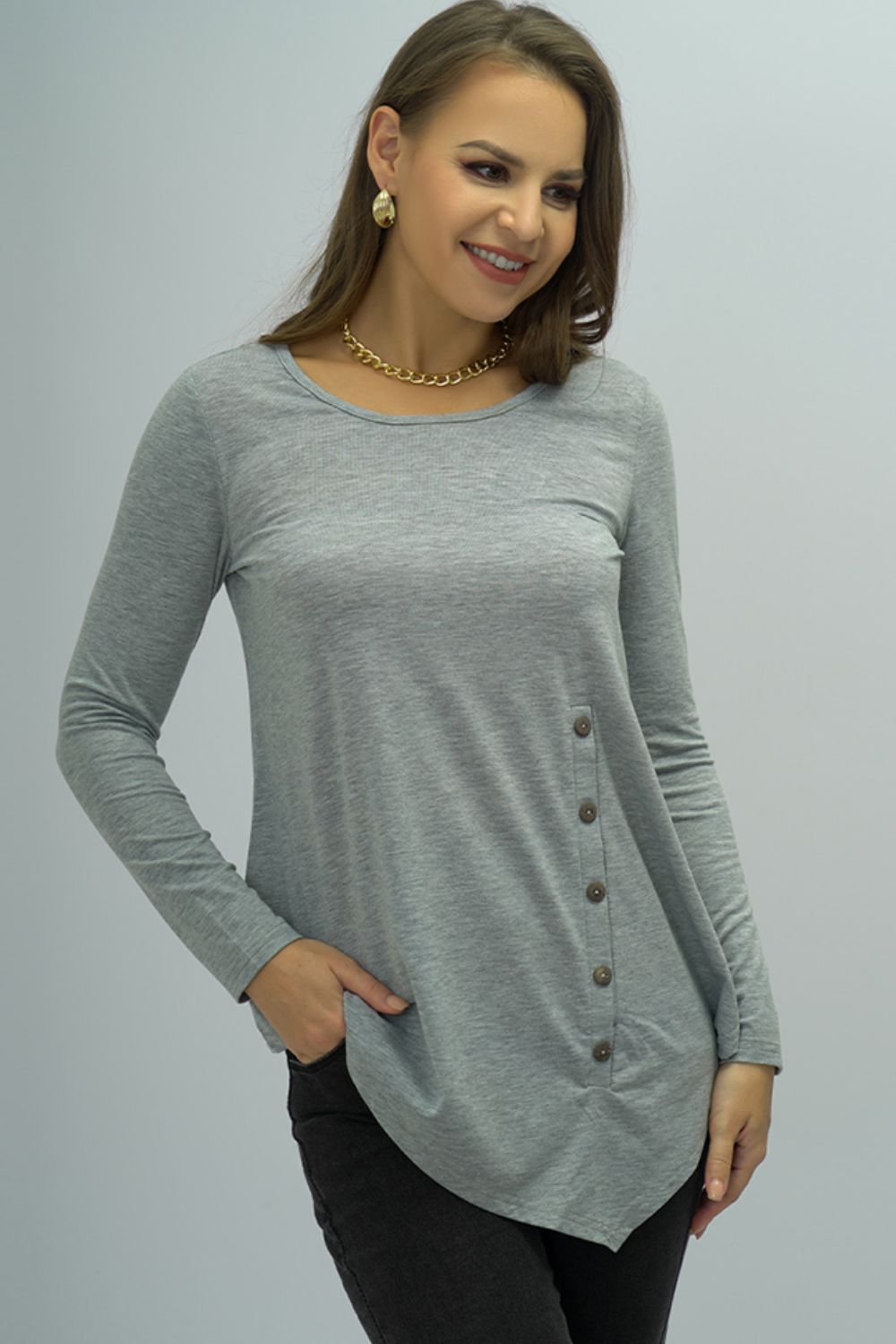 Women’s Buttoned Long Sleeve Round Neck Tee