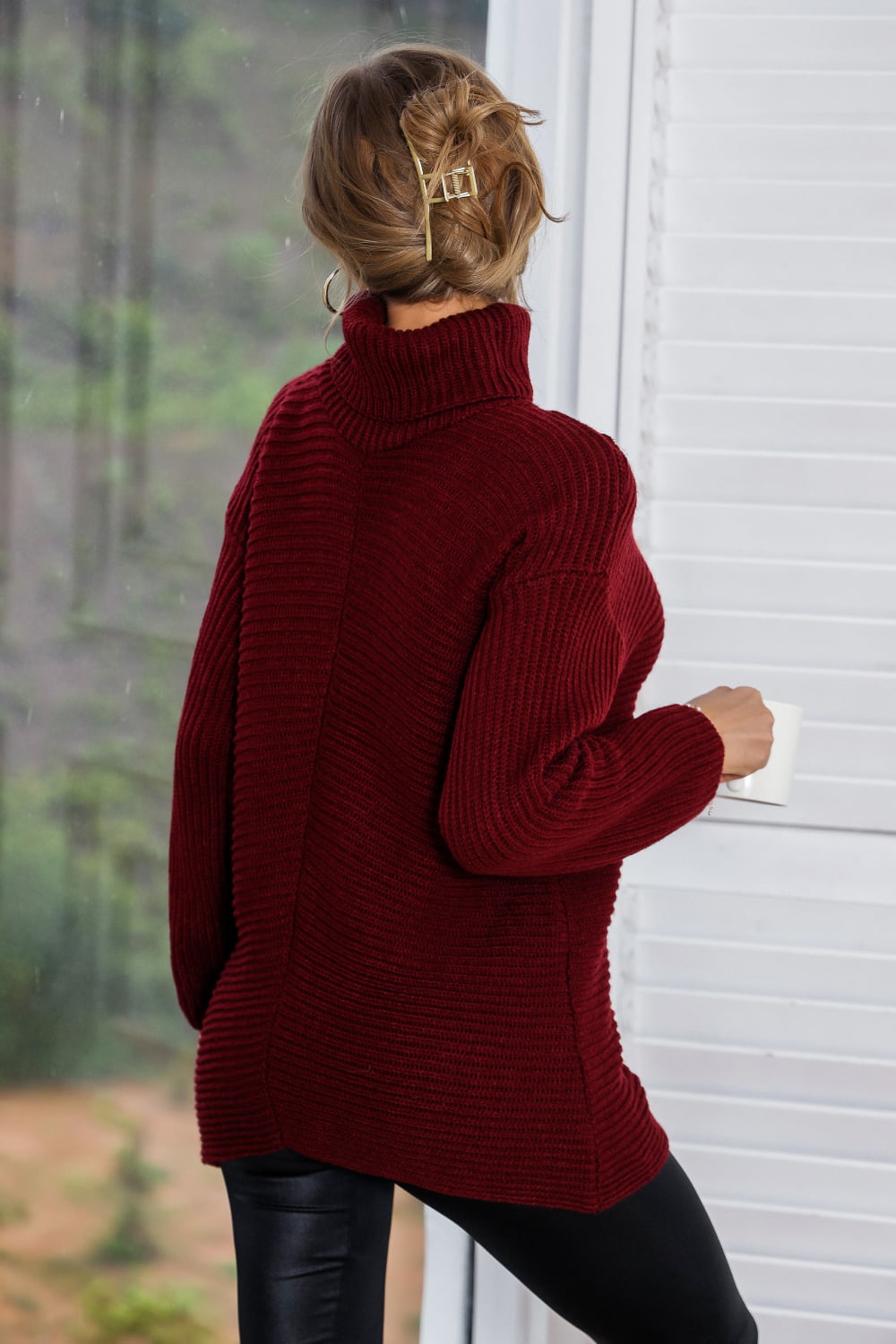 Women’s Horizontal Ribbing Turtleneck Tunic Sweater