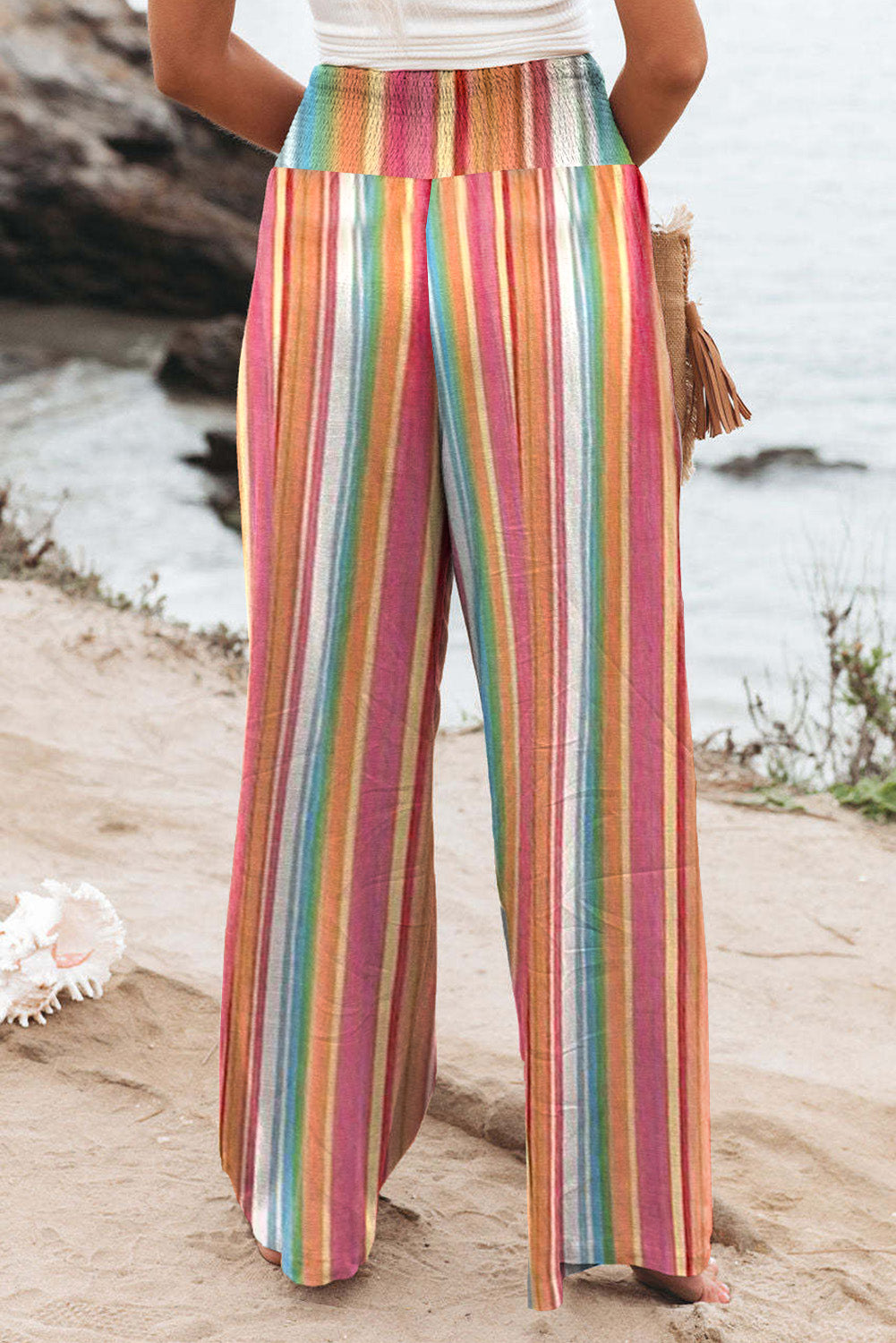 Women’s Striped Smocked Waist Pants with Pockets