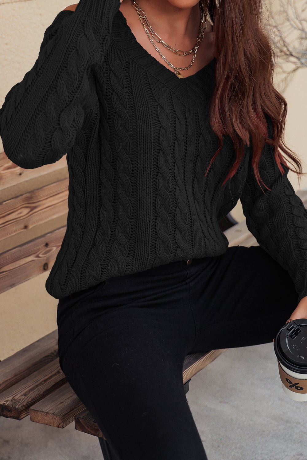Women’s Cable-Knit Cold-Shoulder Long Sleeve Sweater