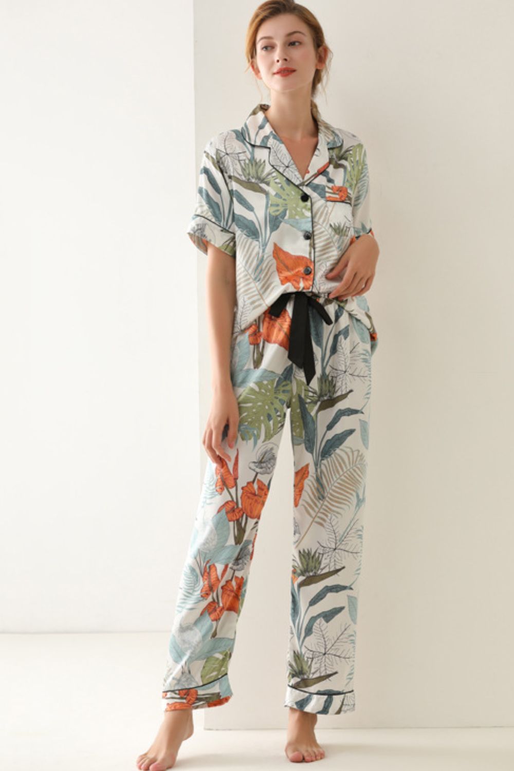 Women’s Botanical Print Button-Up Top and Pants Pajama Set