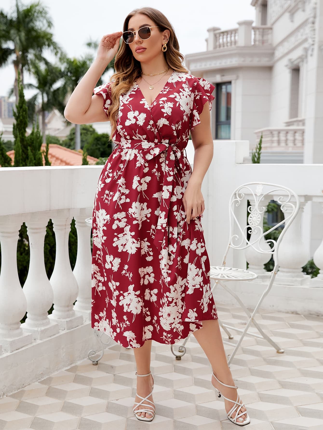 Women’s Plus Size Floral Tie Waist Surplice Neck Midi Dress