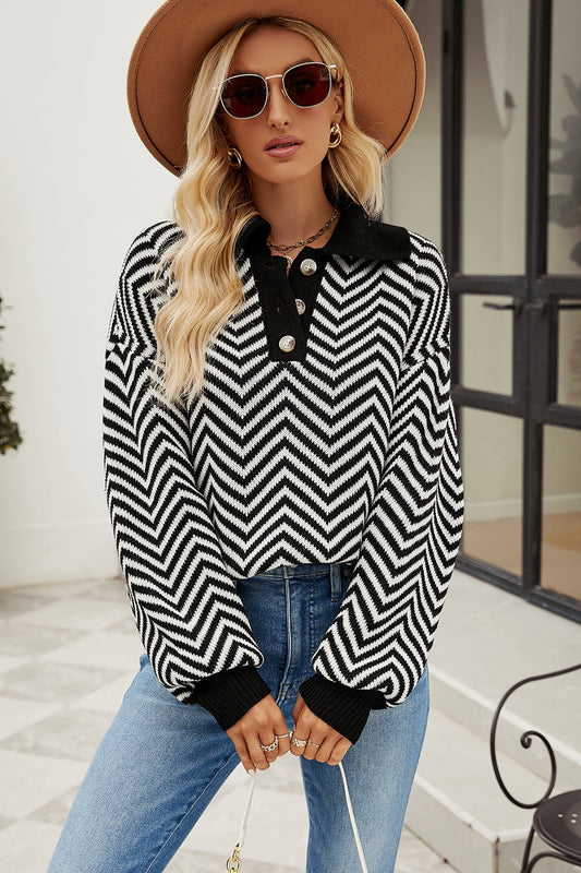Women’s Striped Collared Neck Buttoned Pullover Sweater