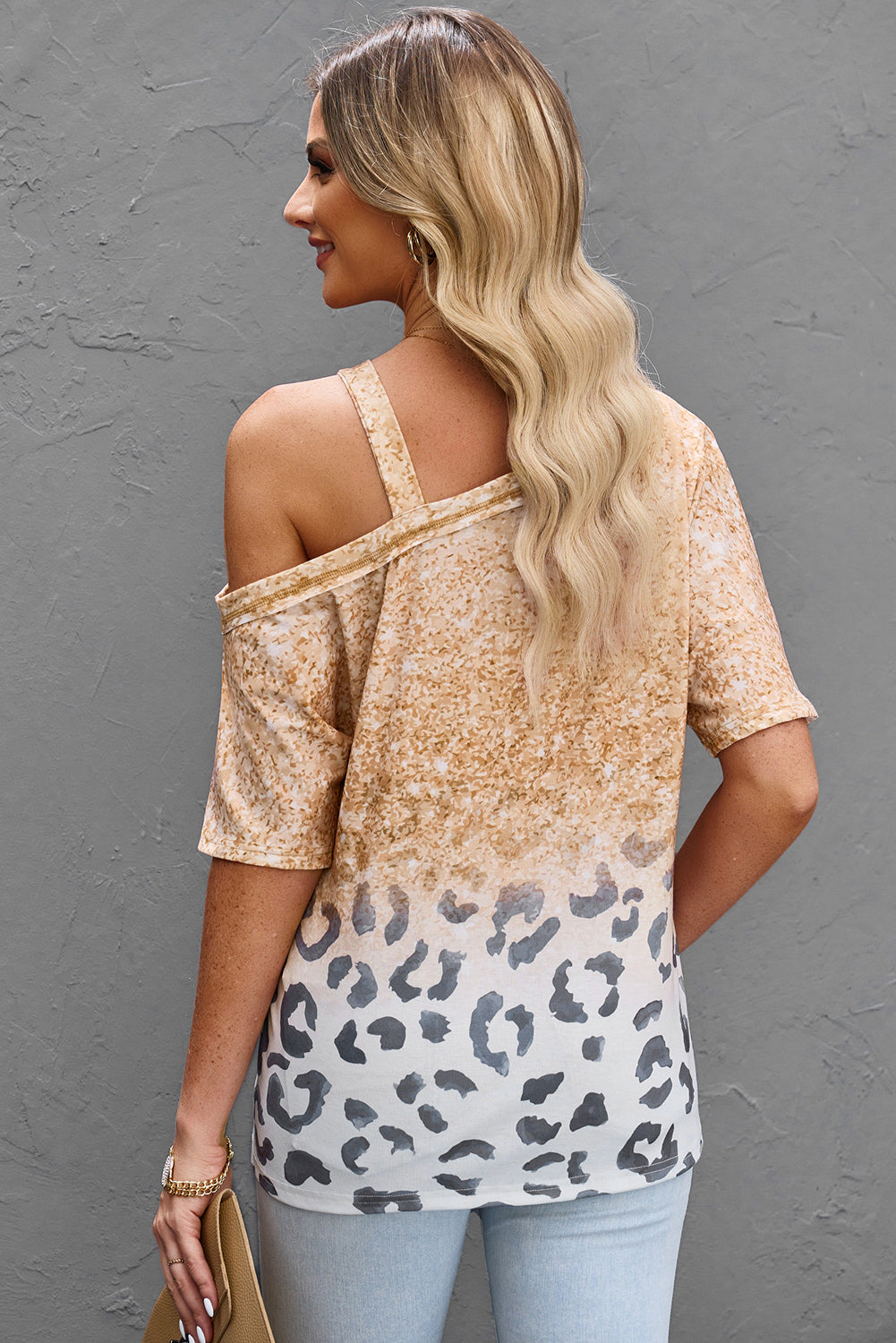 Women’s Leopard Asymmetrical Neck Cold-Shoulder Blouse