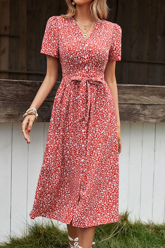 Women’s Ditsy Floral Button Front Tied Puff Sleeve Dress