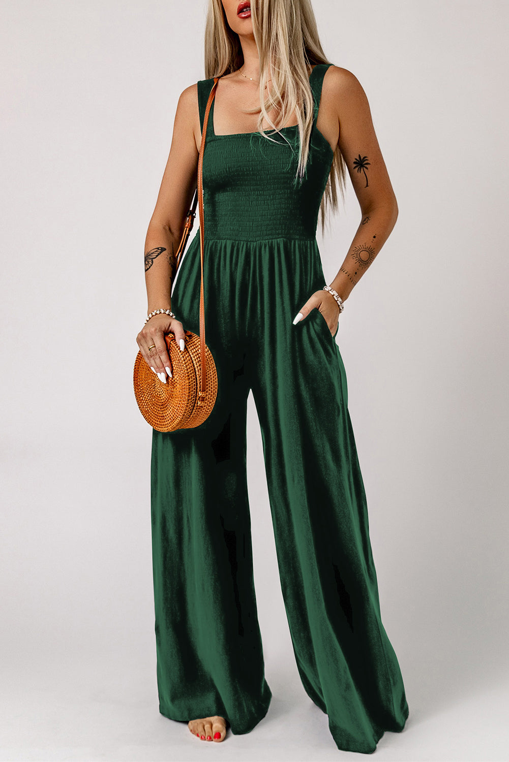 Women’s Smocked Square Neck Wide Leg Jumpsuit with Pockets