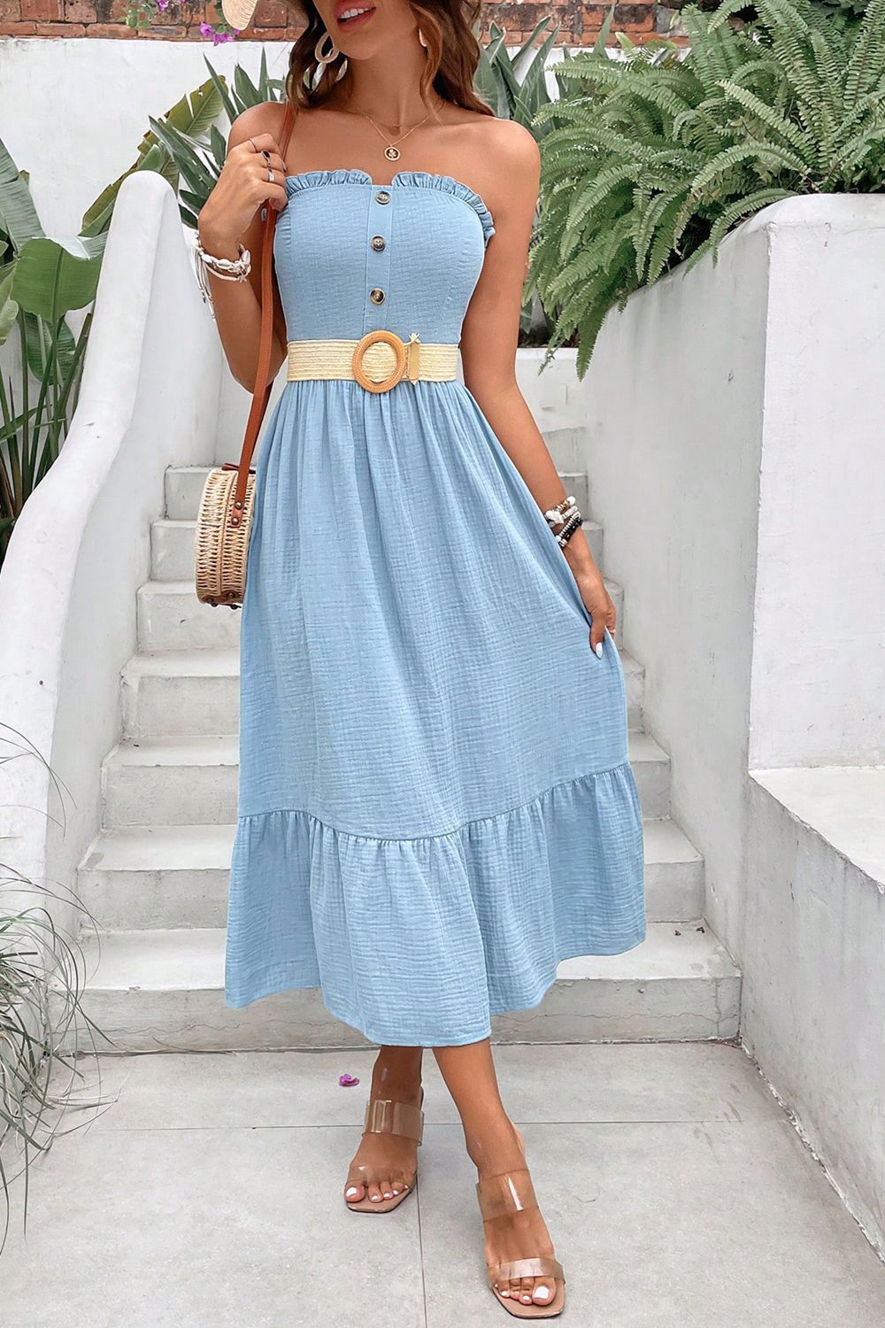 Women’s Sweetheart Neck Buttoned Sleeveless Midi Dress