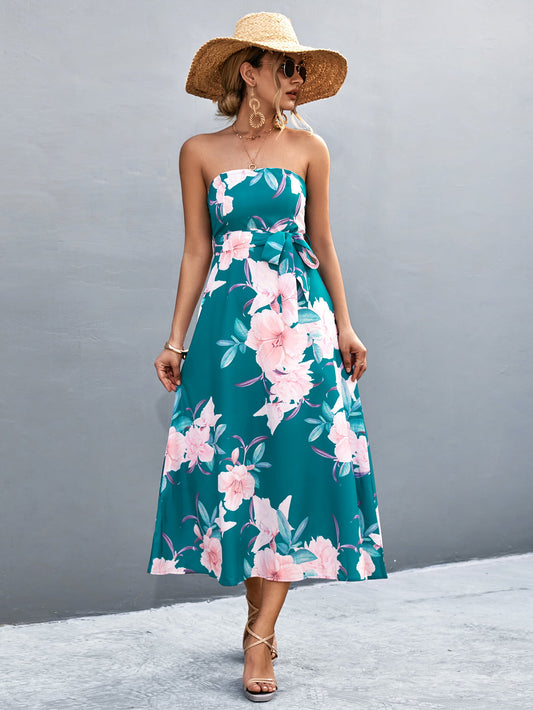 Women’s Floral Print Tie Waist Straight Neck Midi Dress