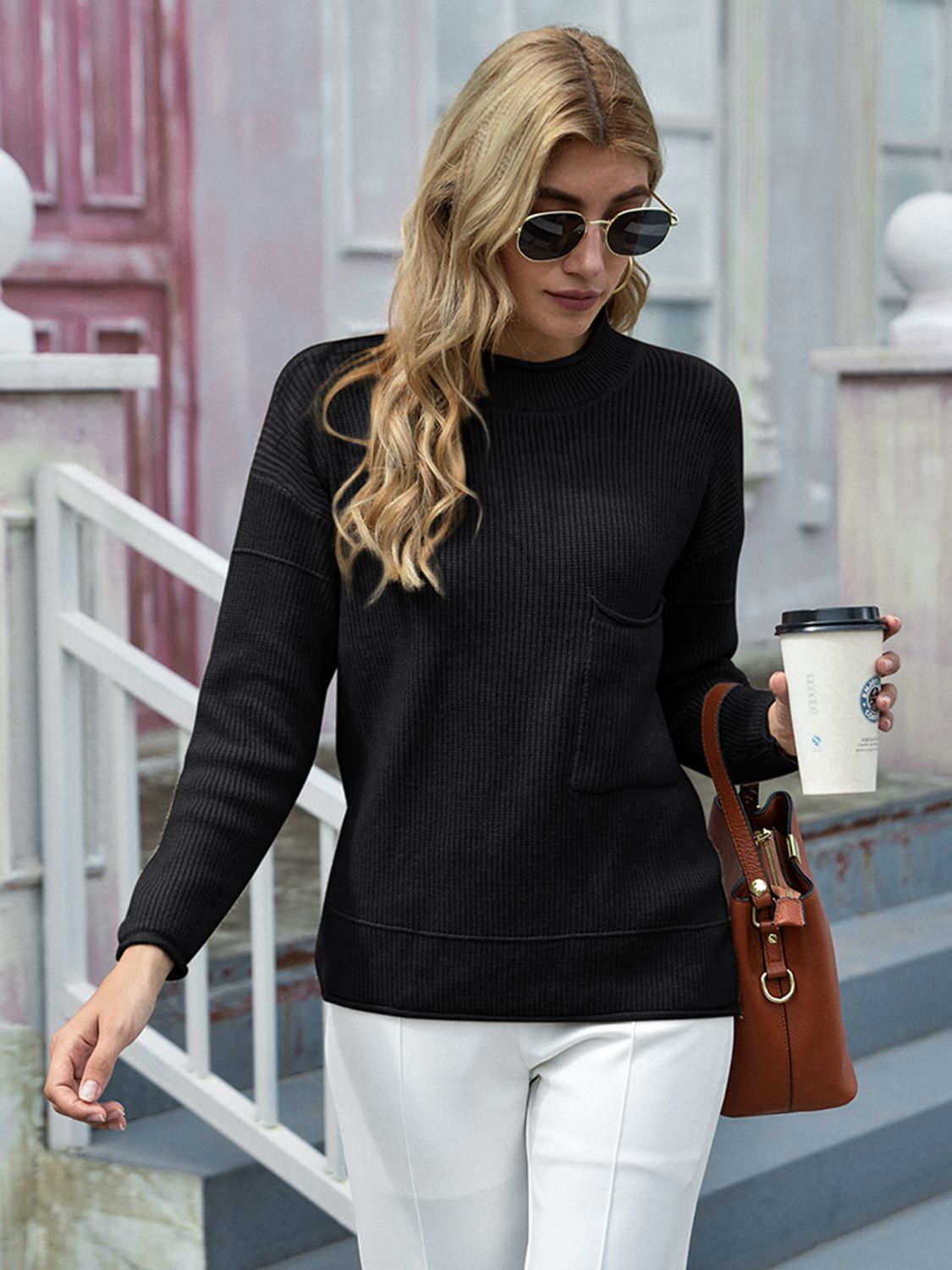 Women’s Round Neck Dropped Shoulder Sweater with Pocket
