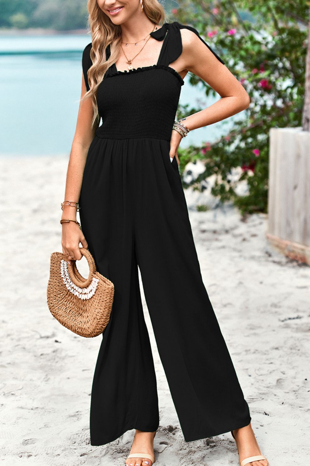 Women’s Frill Trim Tie Shoulder Wide Leg Jumpsuit with Pockets