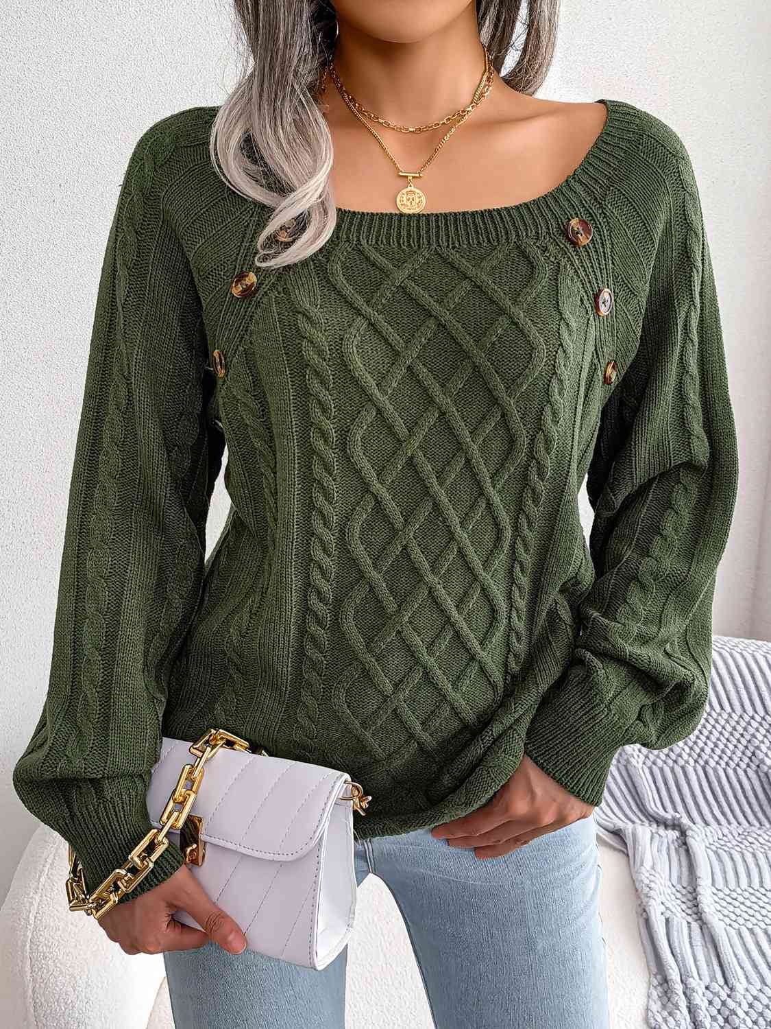 Women’s Decorative Button Cable-Knit Sweater