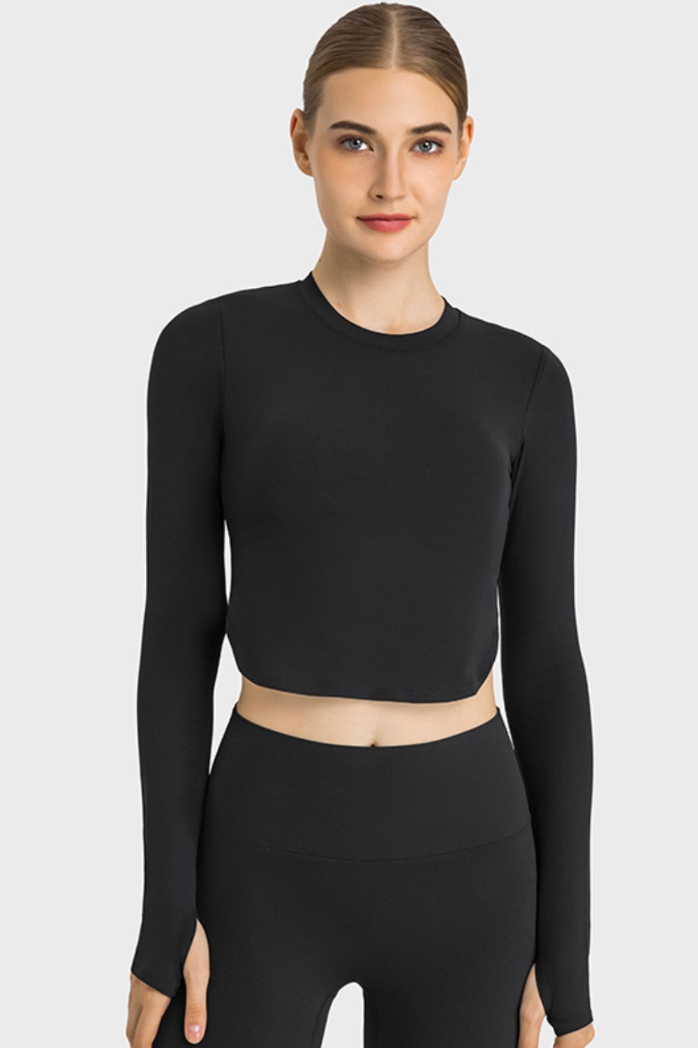 Women’s Side Slit Long Sleeve Round Neck Crop Top