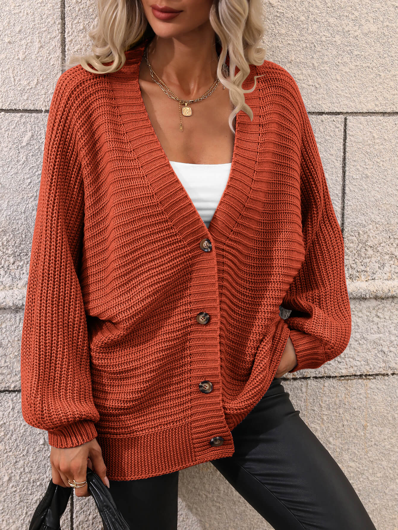 Women’s Button Down Horizontal-Ribbing Longline Cardigan