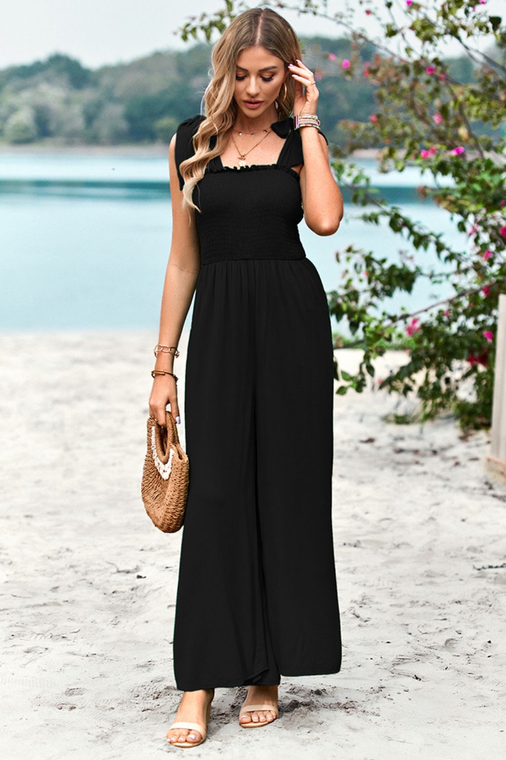 Women’s Frill Trim Tie Shoulder Wide Leg Jumpsuit with Pockets