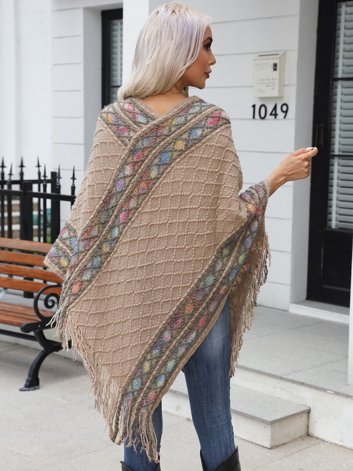 Women’s Contrast V-Neck Poncho with Fringes