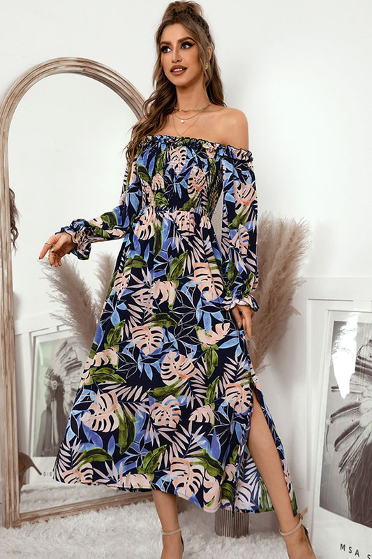 Women’s Botanical Print Off-Shoulder Flounce Sleeve Dress