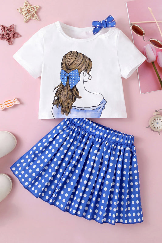 Children’s Girls Graphic Bow Detail Top and Polka Dot Pleated Skirt Set