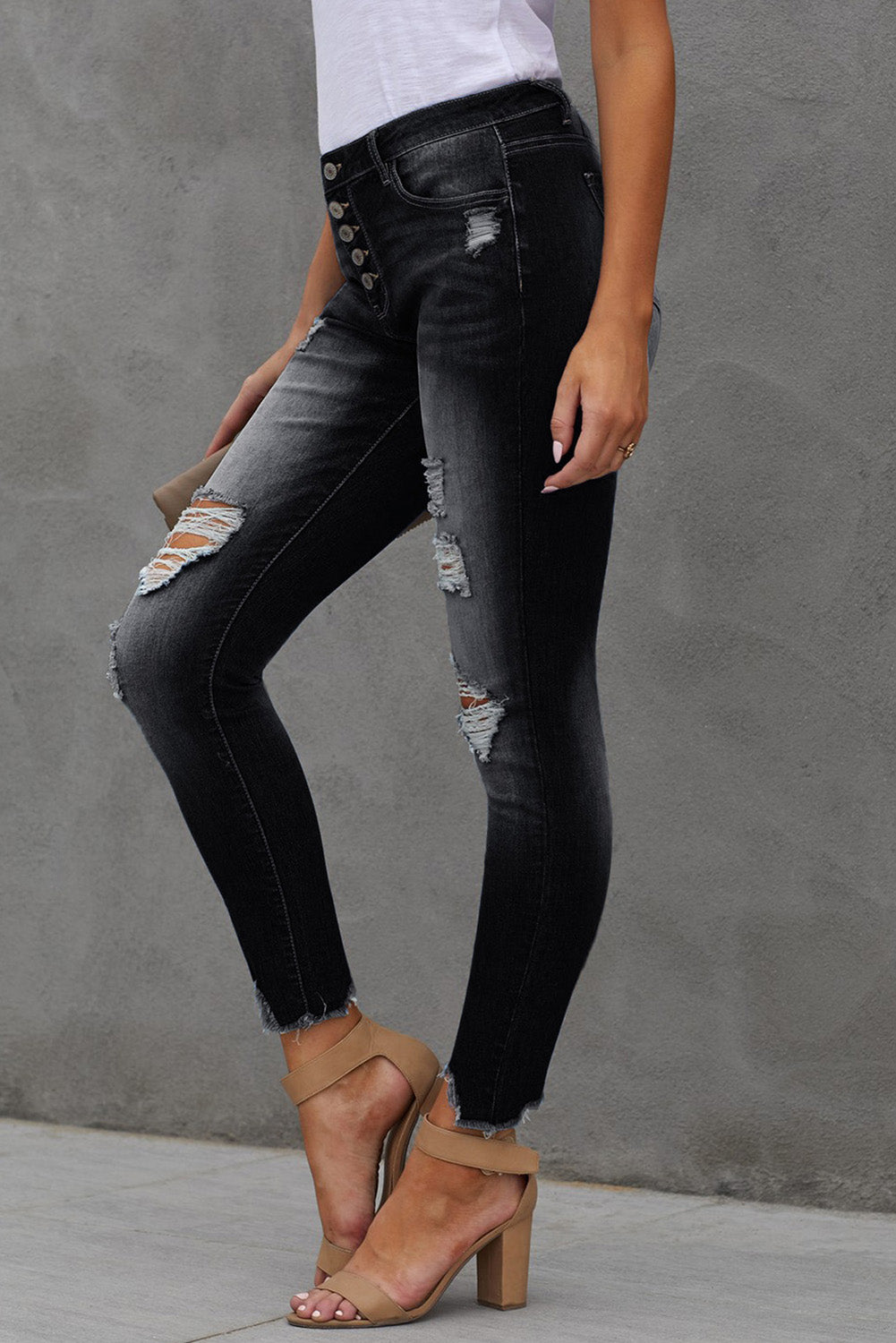 Women’s Button Fly Hem Detail Ankle-Length Skinny Jeans