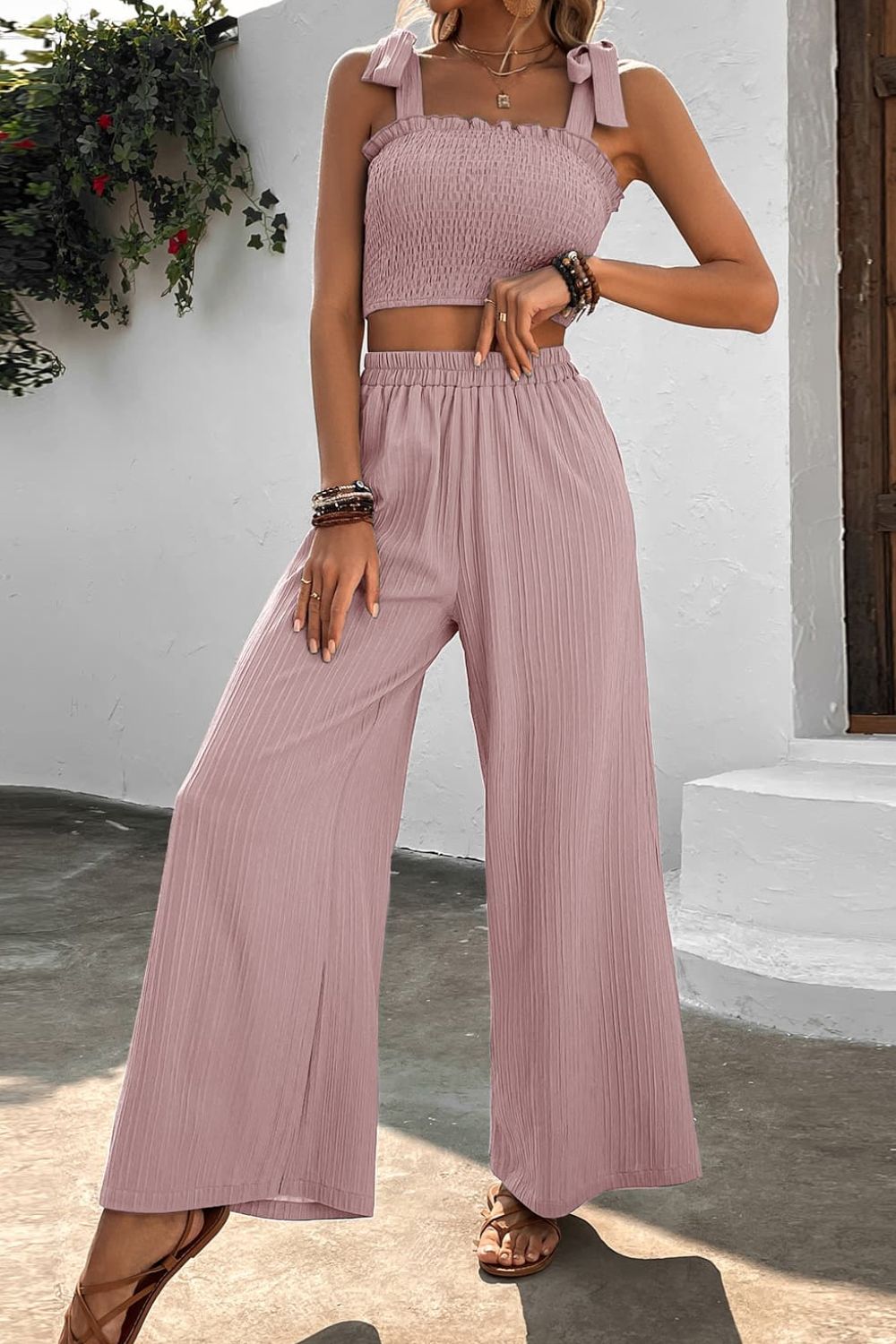 Women’s Tie Shoulder Smocked Crop Top and Wide Leg Pants Set