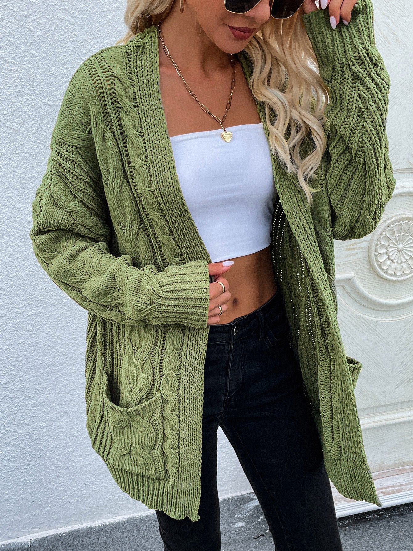 Women’s Cable-Knit Open Front Cardigan with Front Pockets