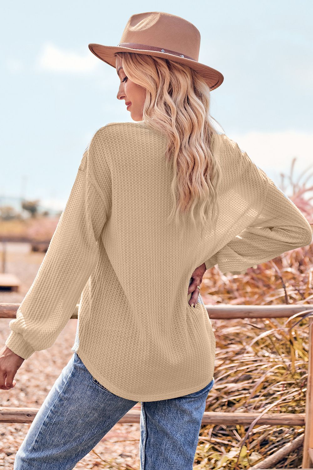 Women’s V-Neck Dropped Shoulder Waffle-Knit Blouse