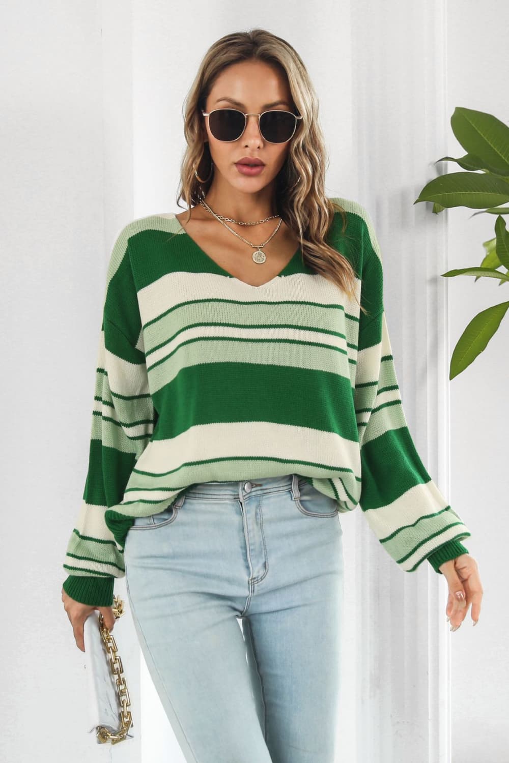 Women’s Striped V-Neck Dropped Shoulder Sweater