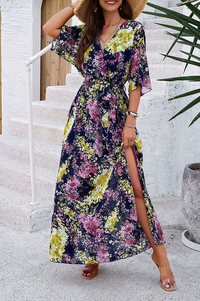 Women’s Printed Tied Half Sleeve Slit Dress